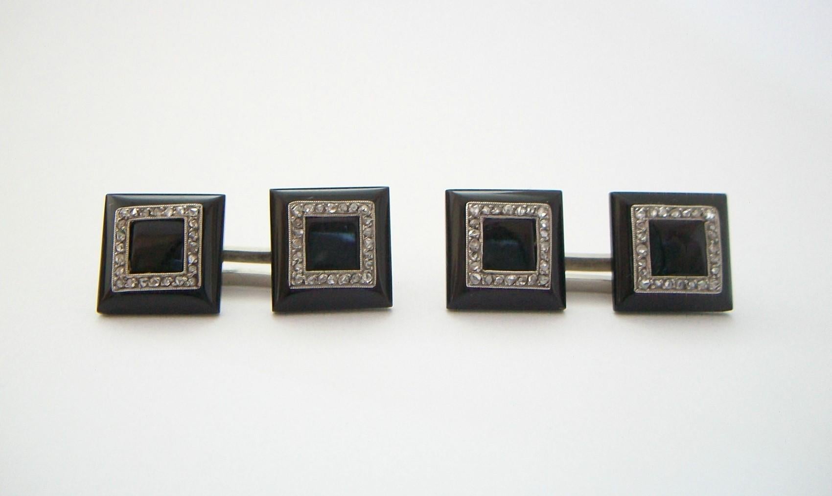 Art Deco Onyx, Rose Cut Diamonds, 18K White Gold Cufflinks - France - Circa 1925 In Good Condition For Sale In Chatham, CA
