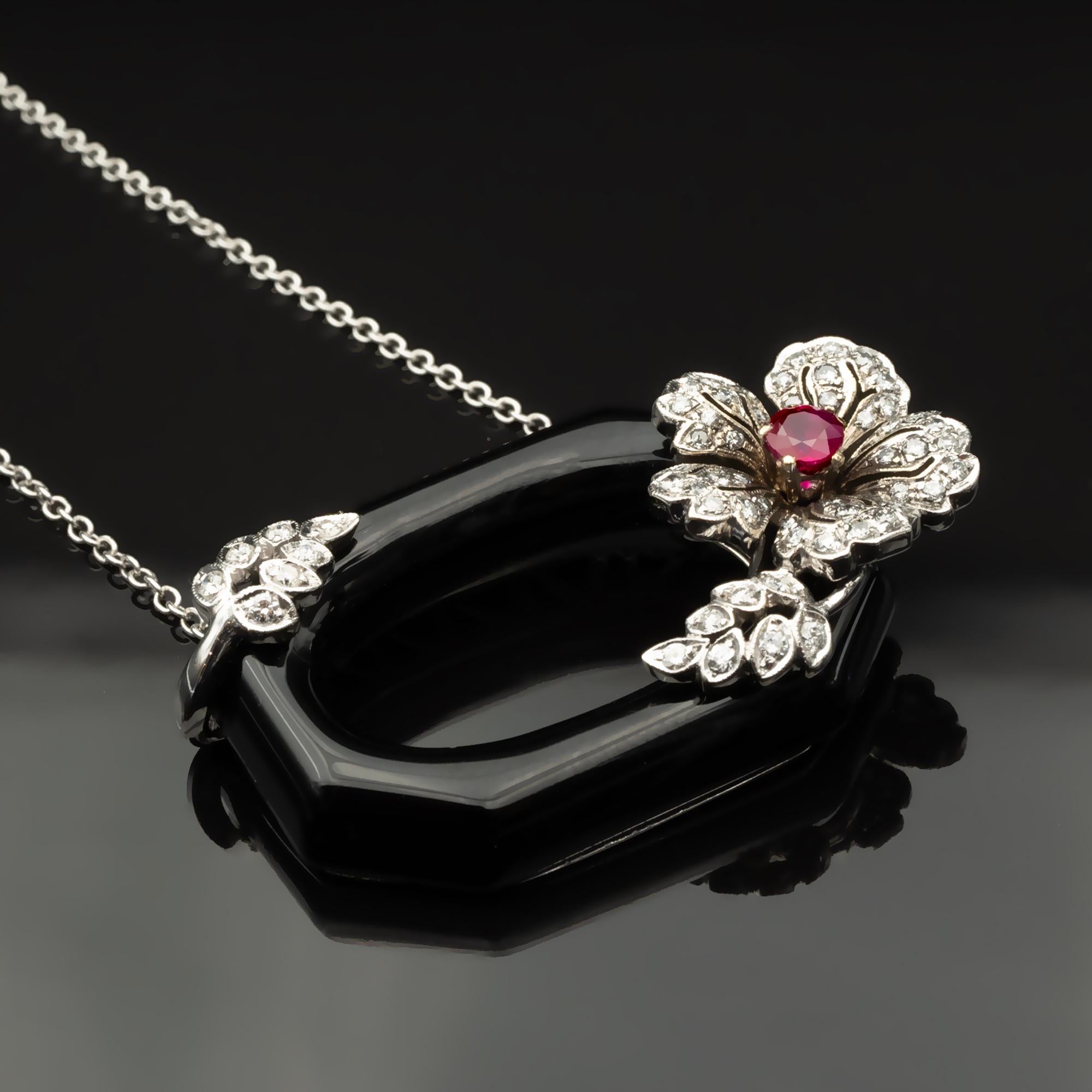 Contemporary Art Deco Onyx Ruby and Diamond Flower Necklace For Sale