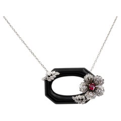 Art Deco Onyx Ruby and Diamond Flower Necklace