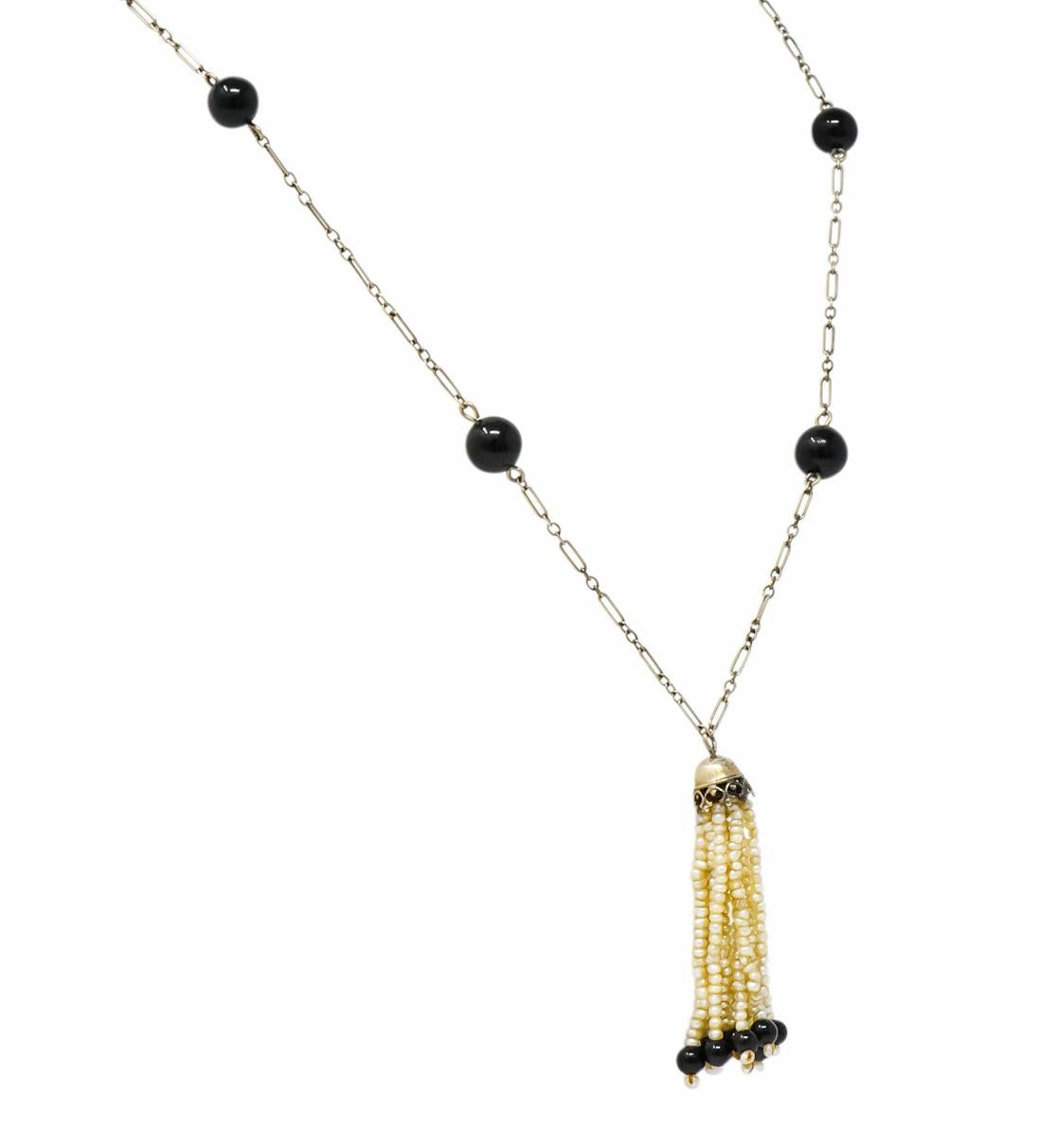 Art Deco Onyx Seed Pearl 14 Karat White Gold Tassel Necklace In Excellent Condition In Philadelphia, PA