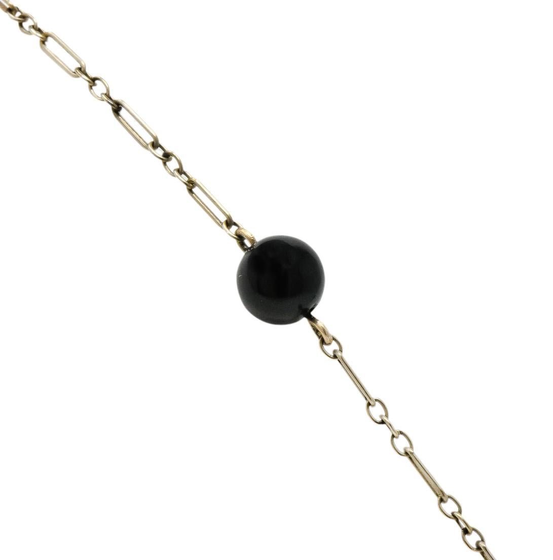 Women's or Men's Art Deco Onyx Seed Pearl 14 Karat White Gold Tassel Necklace
