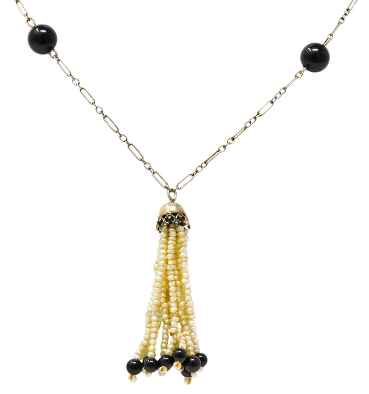 Art Deco Onyx Seed Pearl 14 Karat White Gold Tassel Necklace 2