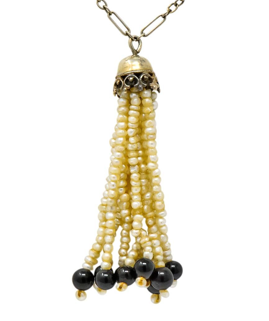Art Deco Onyx Seed Pearl 14 Karat White Gold Tassel Necklace 3