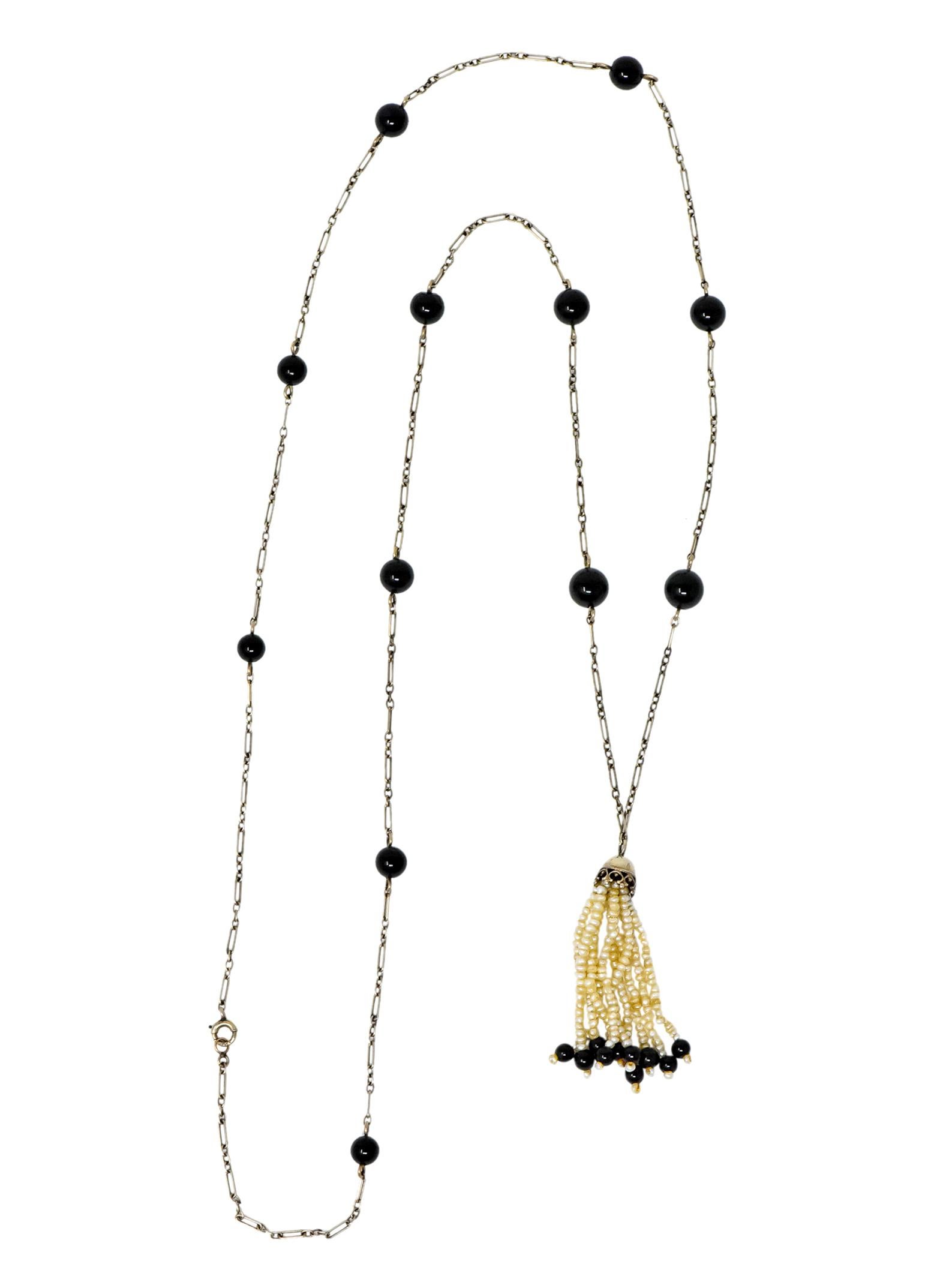 Art Deco Onyx Seed Pearl 14 Karat White Gold Tassel Necklace 4