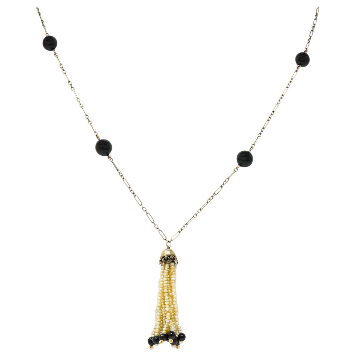 Art Deco Onyx Seed Pearl 14 Karat White Gold Tassel Necklace