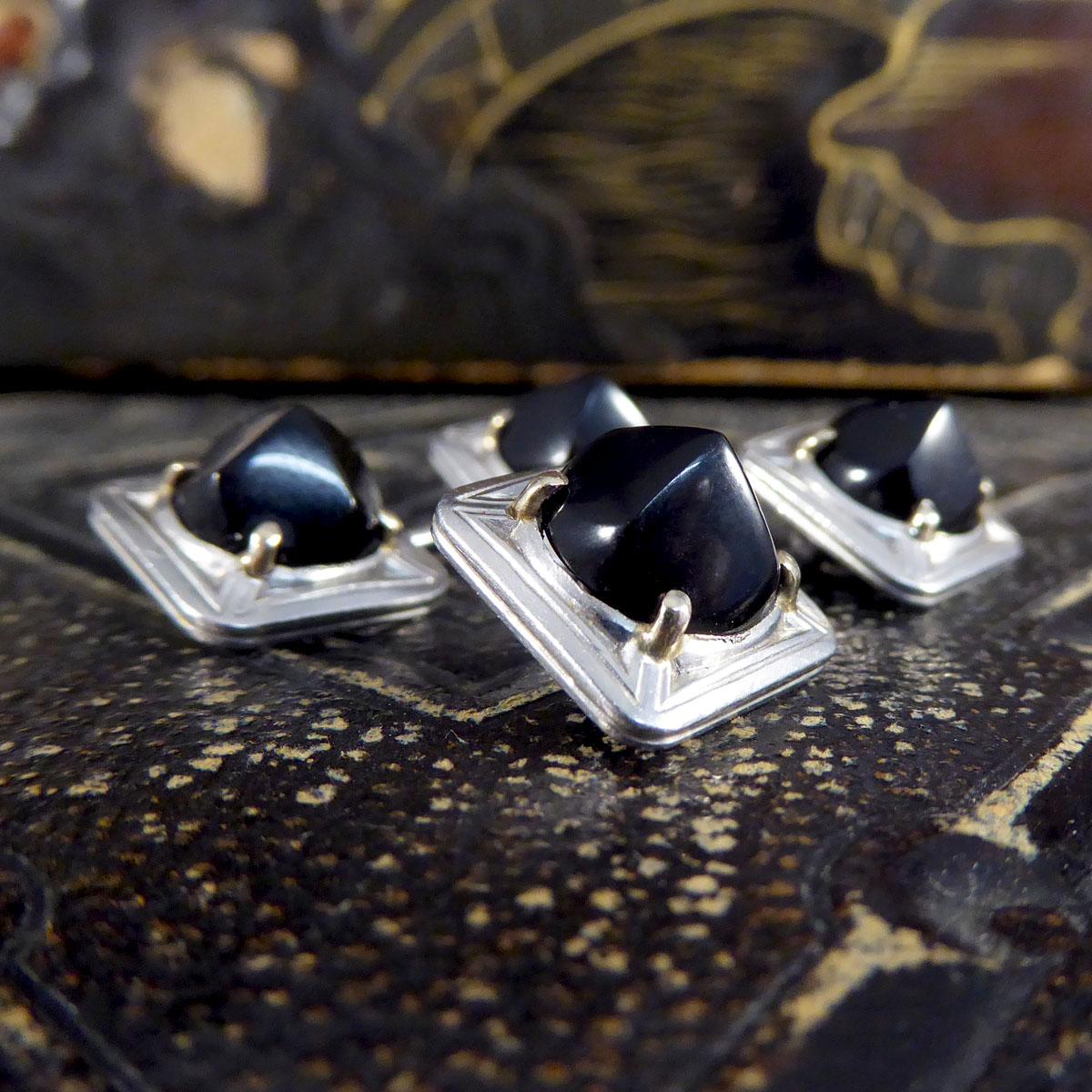 Art Deco Onyx Set Platinum Cufflinks with Gold Claws 1