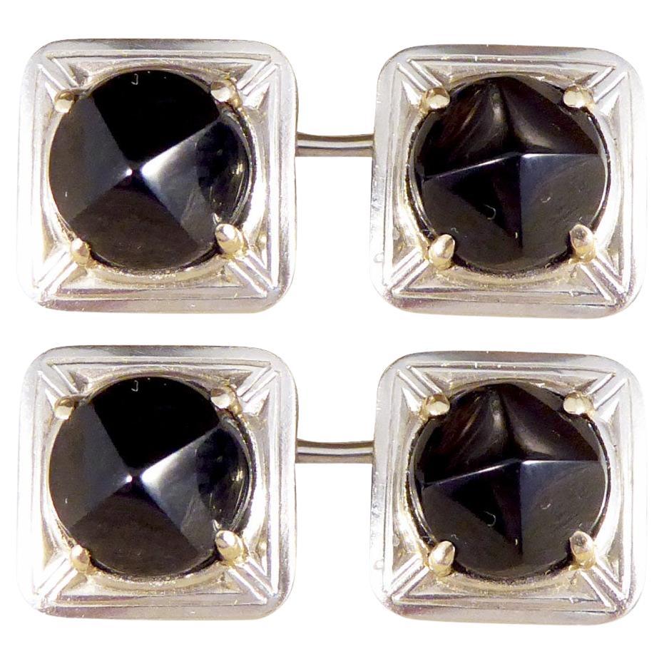 Art Deco Onyx Set Platinum Cufflinks with Gold Claws