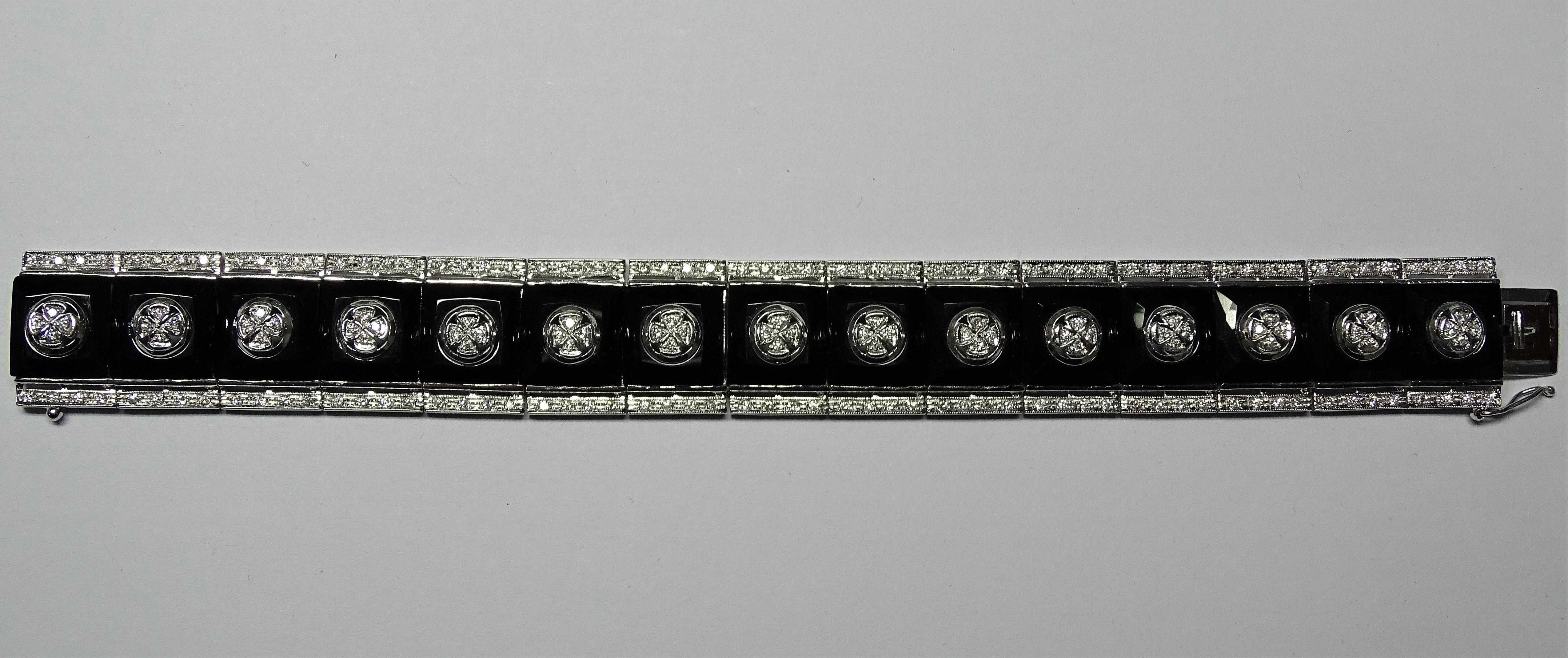 Art Deco Style Onyx White Diamonds White Gold 18 Karat Bracelet 4