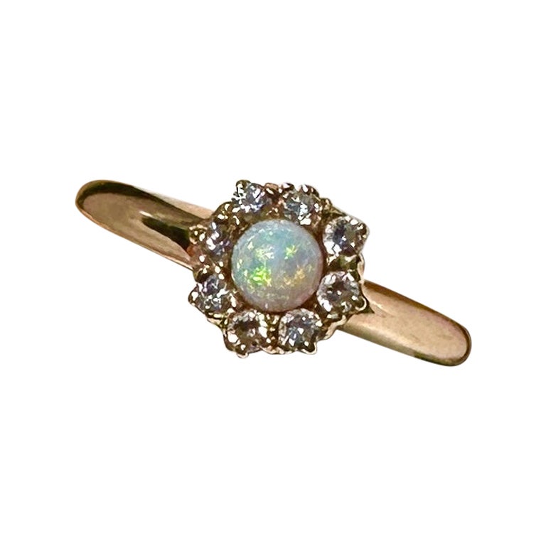 Art Deco Opal 8 Old Mine Cut Diamond Halo Wedding Engagement Ring 14K Gold