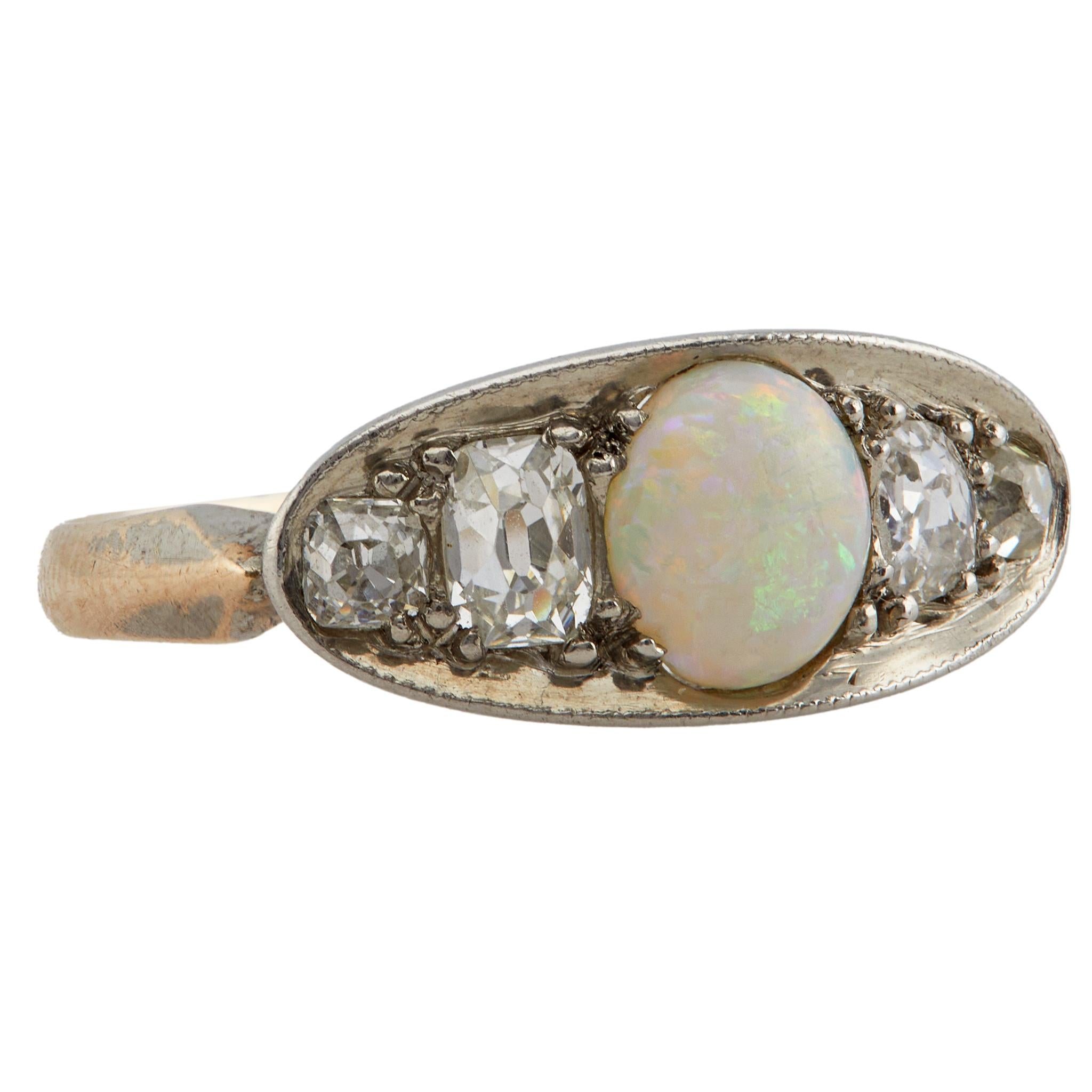 Art Deco Opal and Diamond 10K Two Tone Ring In Good Condition In Beverly Hills, CA