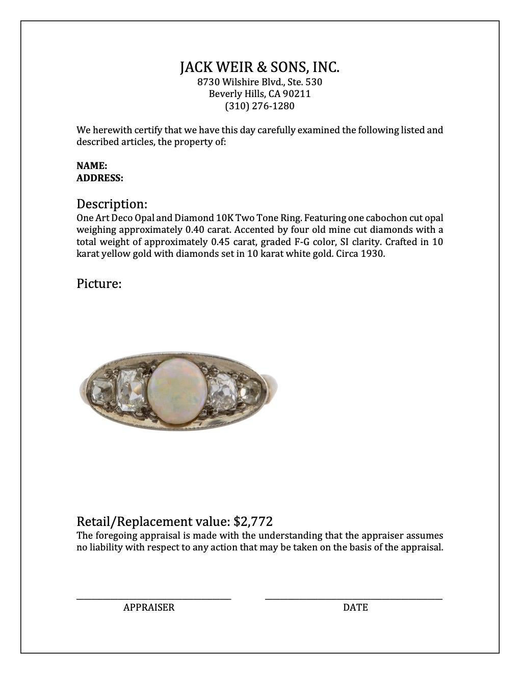 Women's or Men's Art Deco Opal and Diamond 10K Two Tone Ring