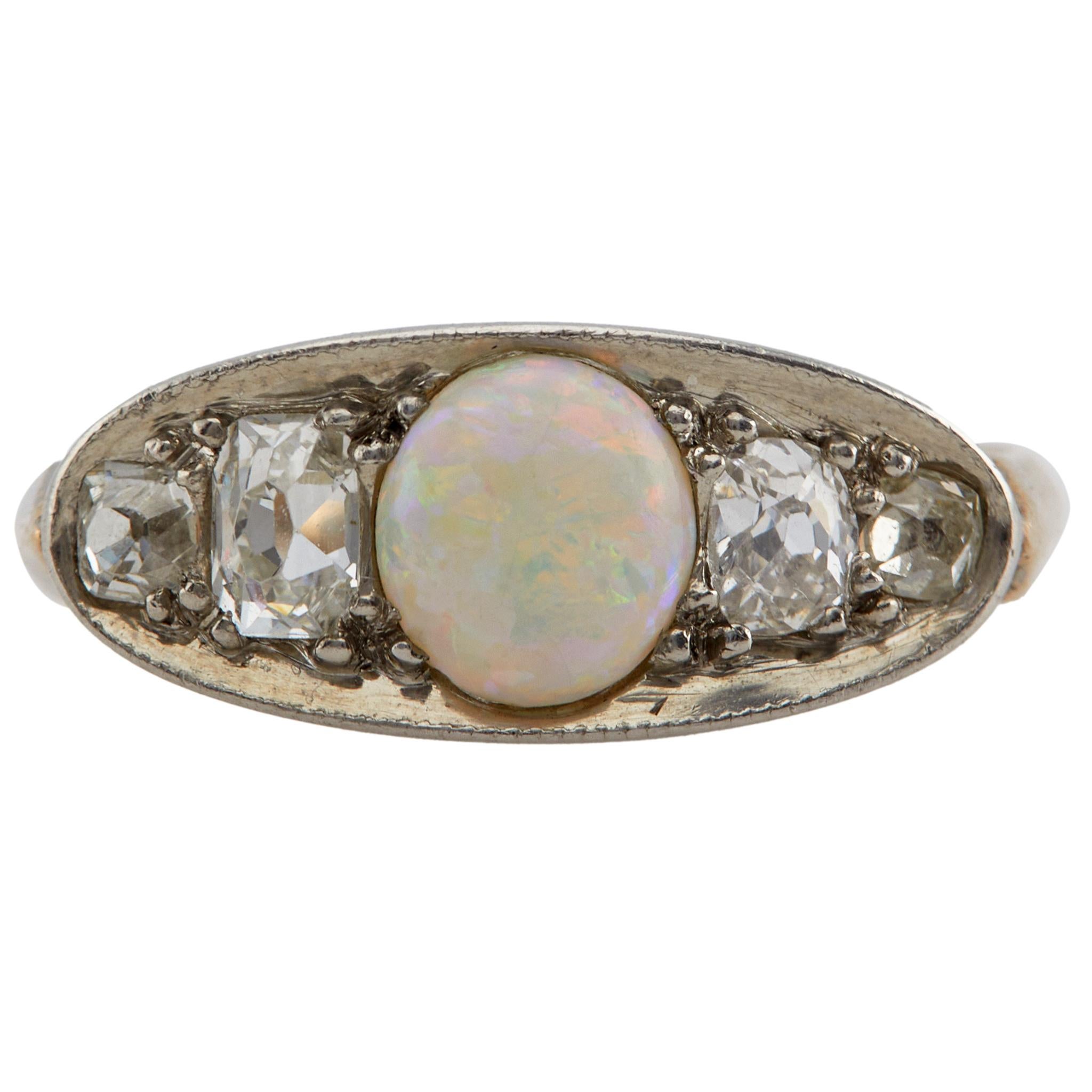 Art Deco Opal and Diamond 10K Two Tone Ring