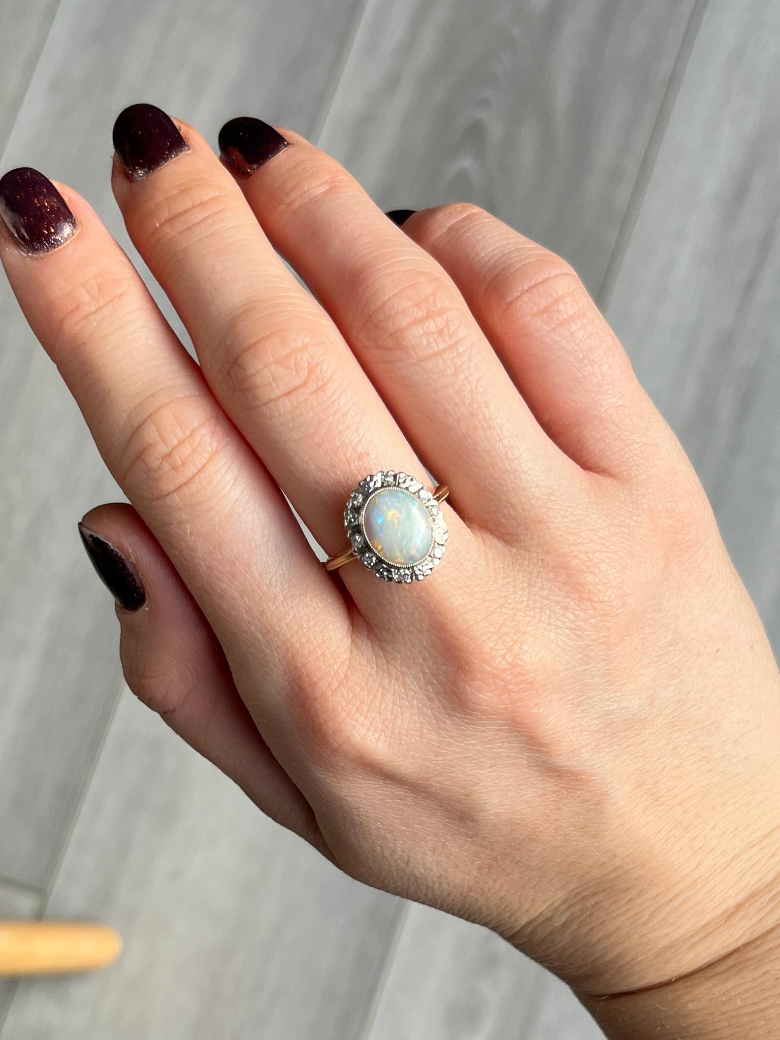 Cabochon Art Deco Opal and Diamond 14 Carat Gold Cluster Ring For Sale
