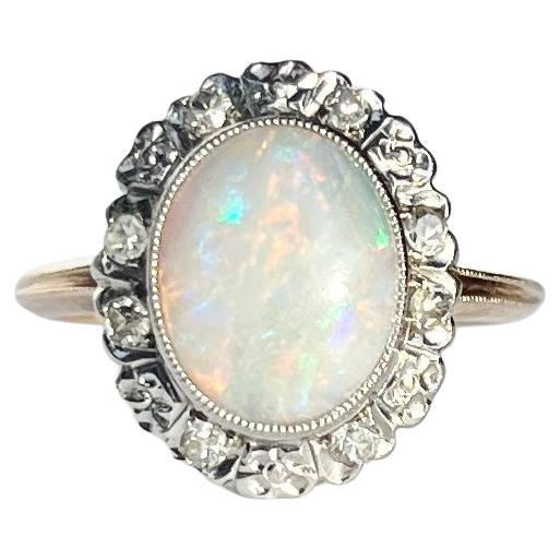 Art Deco Opal and Diamond 14 Carat Gold Cluster Ring For Sale