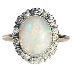 Retro Art Deco Opal and Diamond 14 Carat Gold Cluster Ring