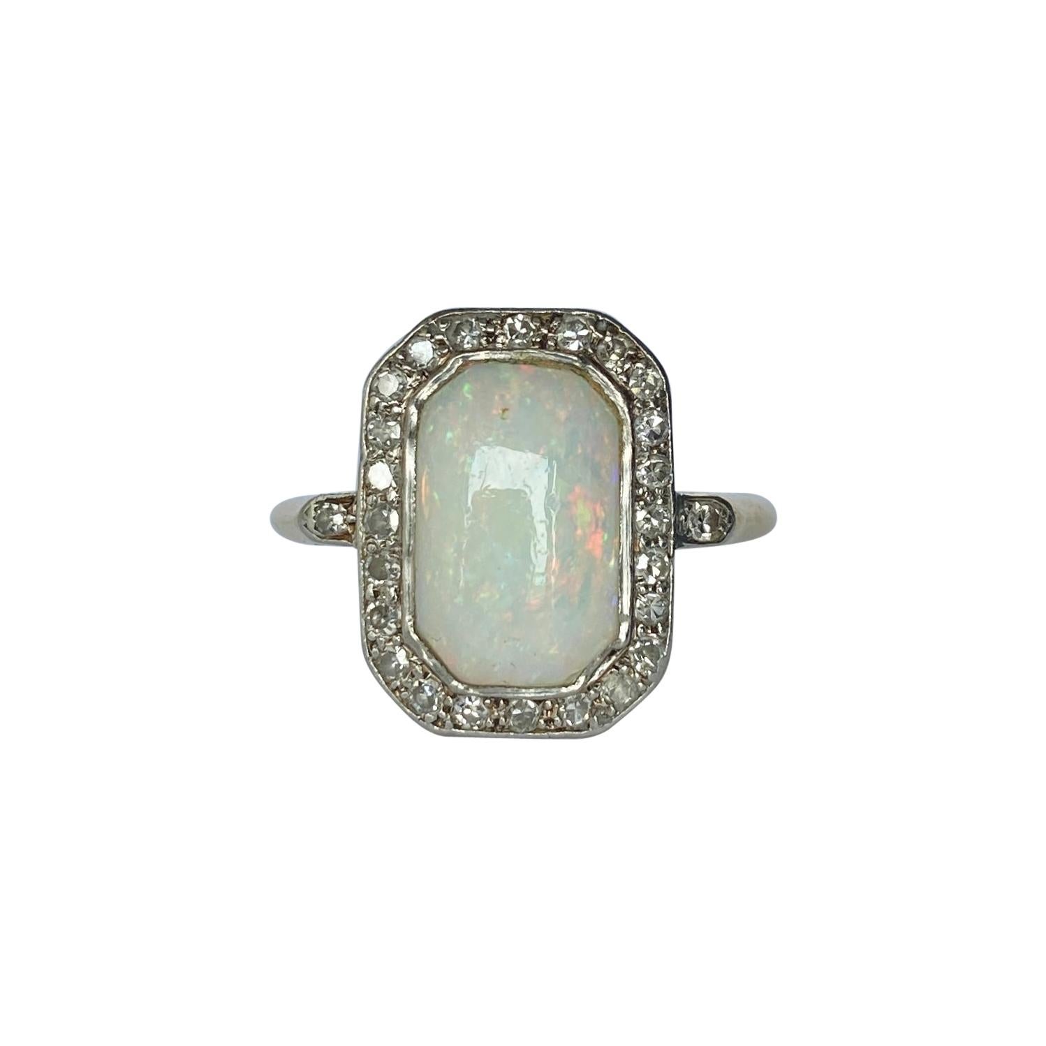 Art Deco Opal and Diamond 18 Carat Gold and Platinum Panel Ring