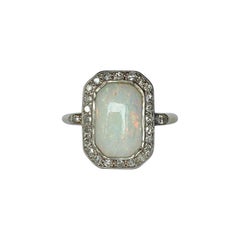 Art Deco Opal and Diamond 18 Carat Gold and Platinum Panel Ring