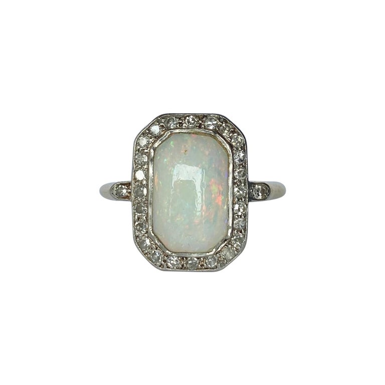 Art Deco Opal and Diamond 18 Carat Gold and Platinum Panel Ring at 1stDibs