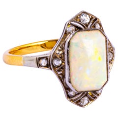 Art Deco Style Opal and Diamond 18 Carat Gold and Platinum Ring