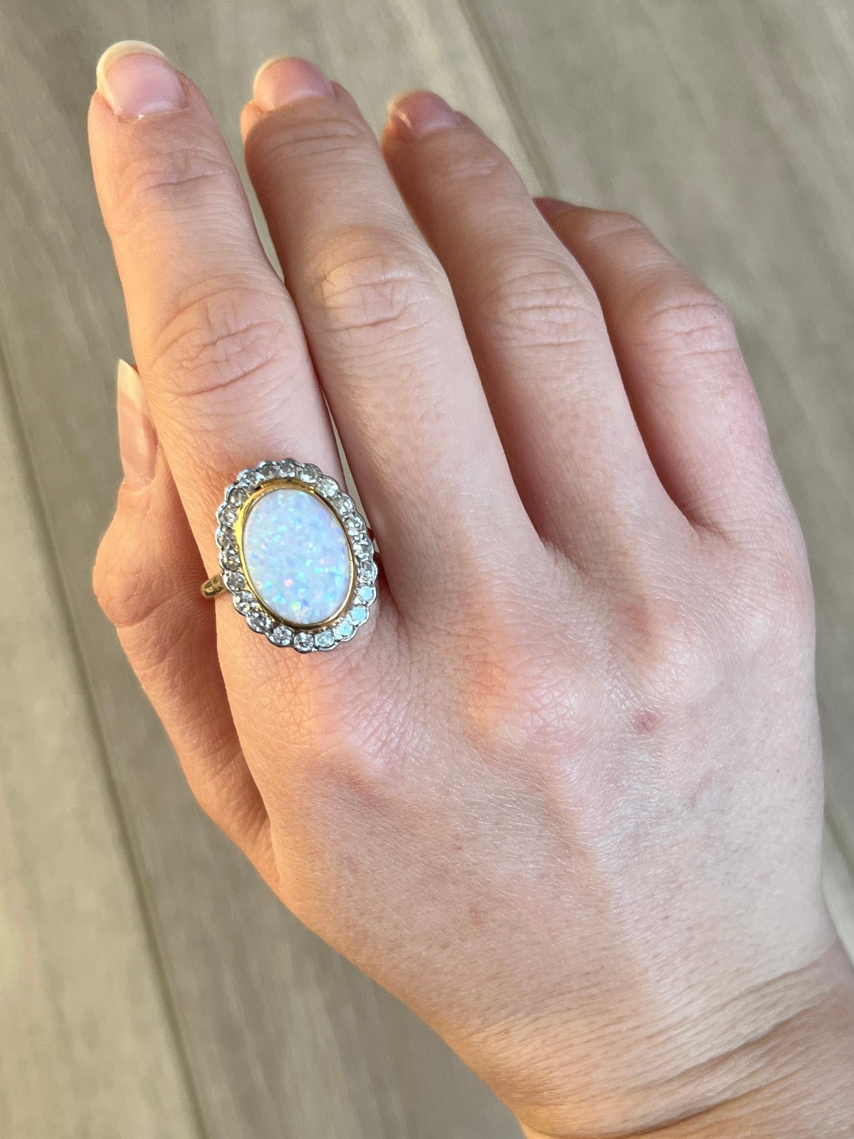 Cabochon Art Deco Opal and Diamond 18 Carat Gold Cluster Ring
