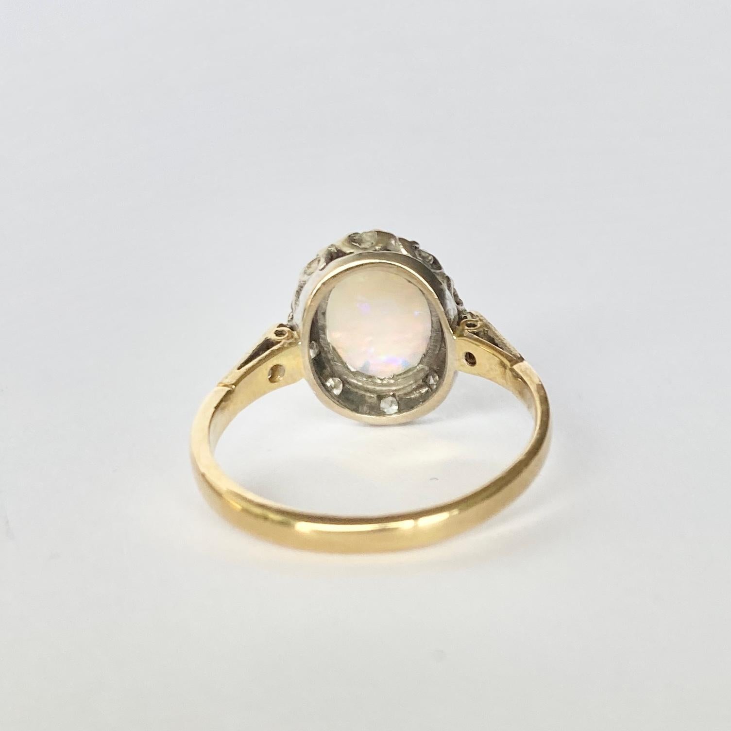 Cabochon Art Deco Opal and Diamond 18 Carat Gold Cluster Ring For Sale