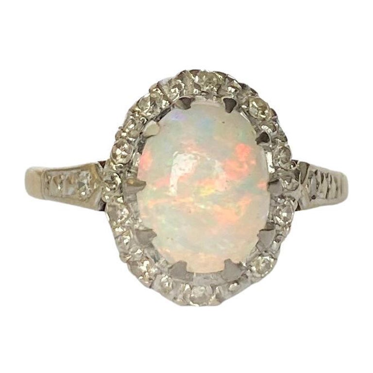 Anello a grappolo in oro 18 carati Art Deco Opale e Diamanti