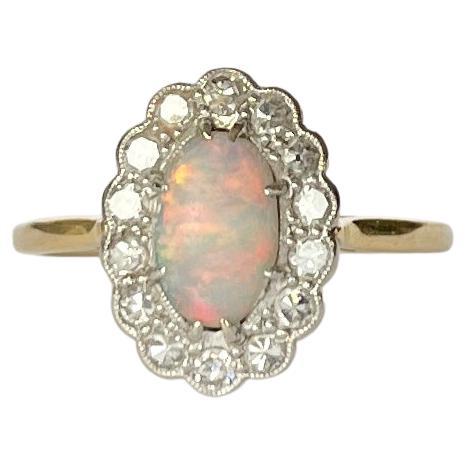 Art Deco Opal and Diamond 18 Carat Gold Cluster Ring