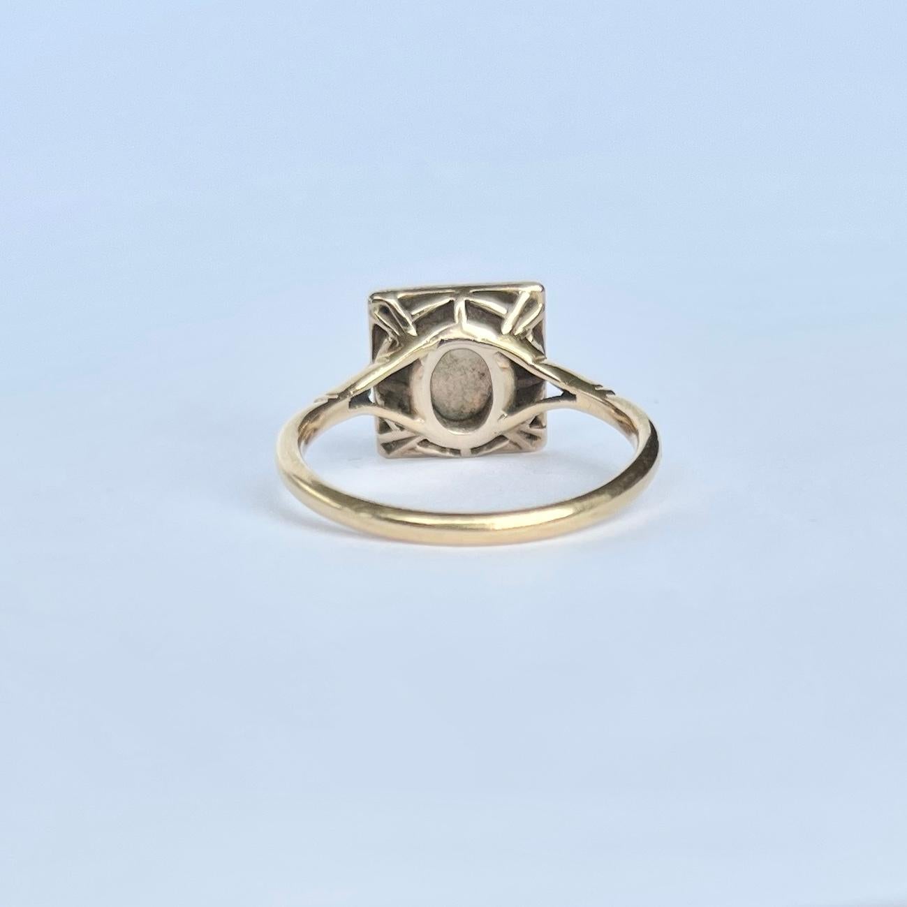 Women's Art Deco Opal and Diamond 18 Carat Gold Panel Ring