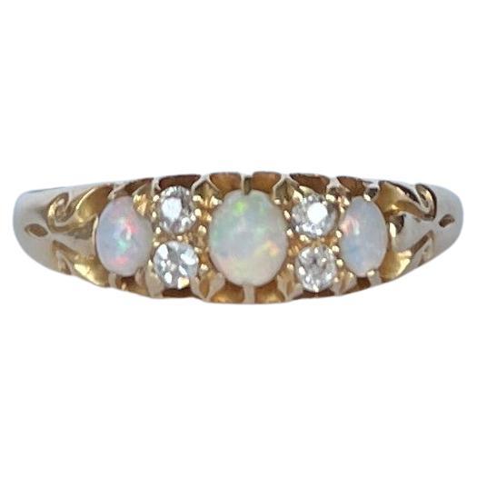 Art Deco Opal and Diamond 18 Carat Gold Three-Stone Ring