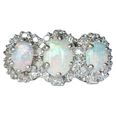 Antique Opal and Diamond 18 Carat Gold Triple Cluster Ring
