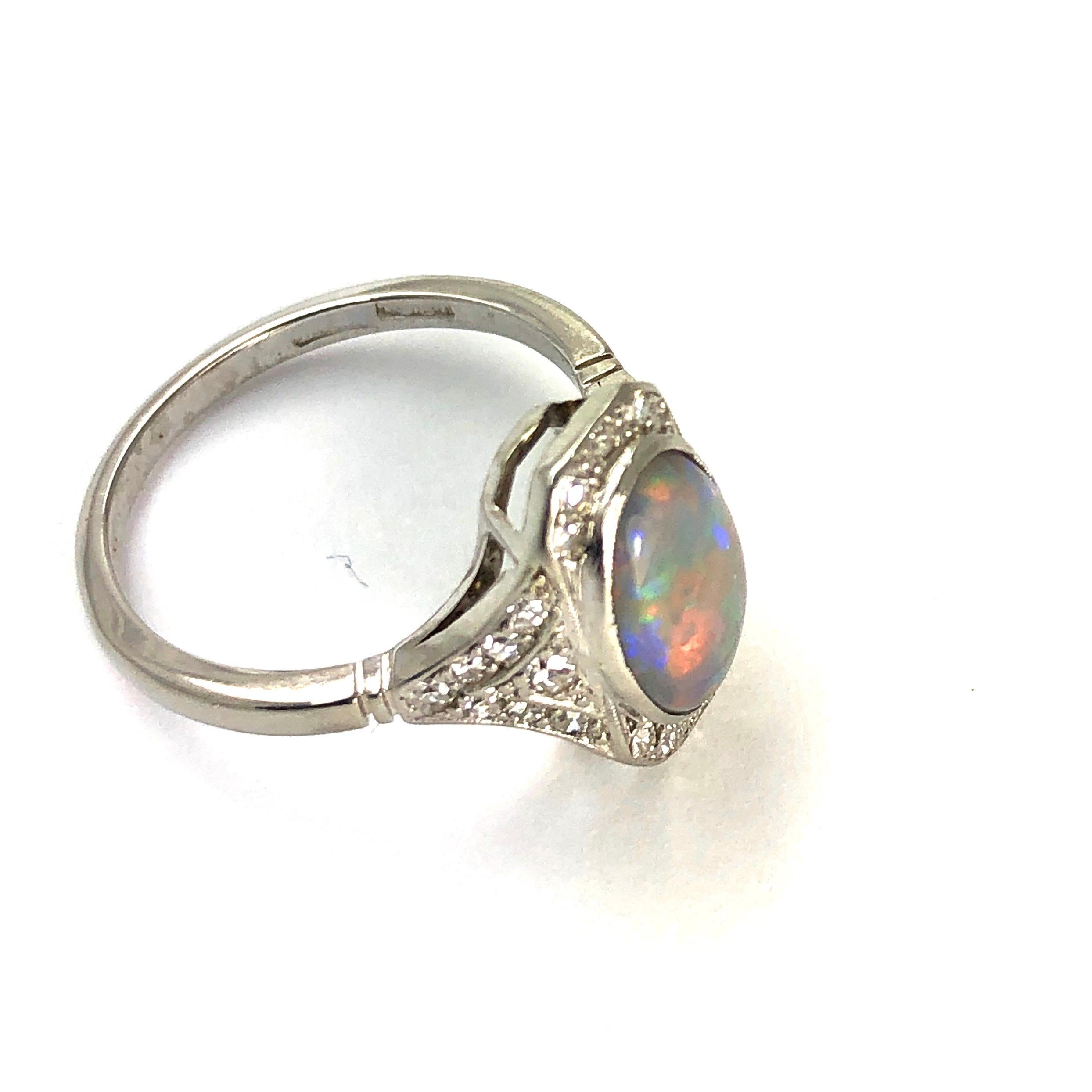 Art Deco Opal and Diamond 18 Carat White Gold and Platinum Ring In Good Condition In Chipping Campden, GB