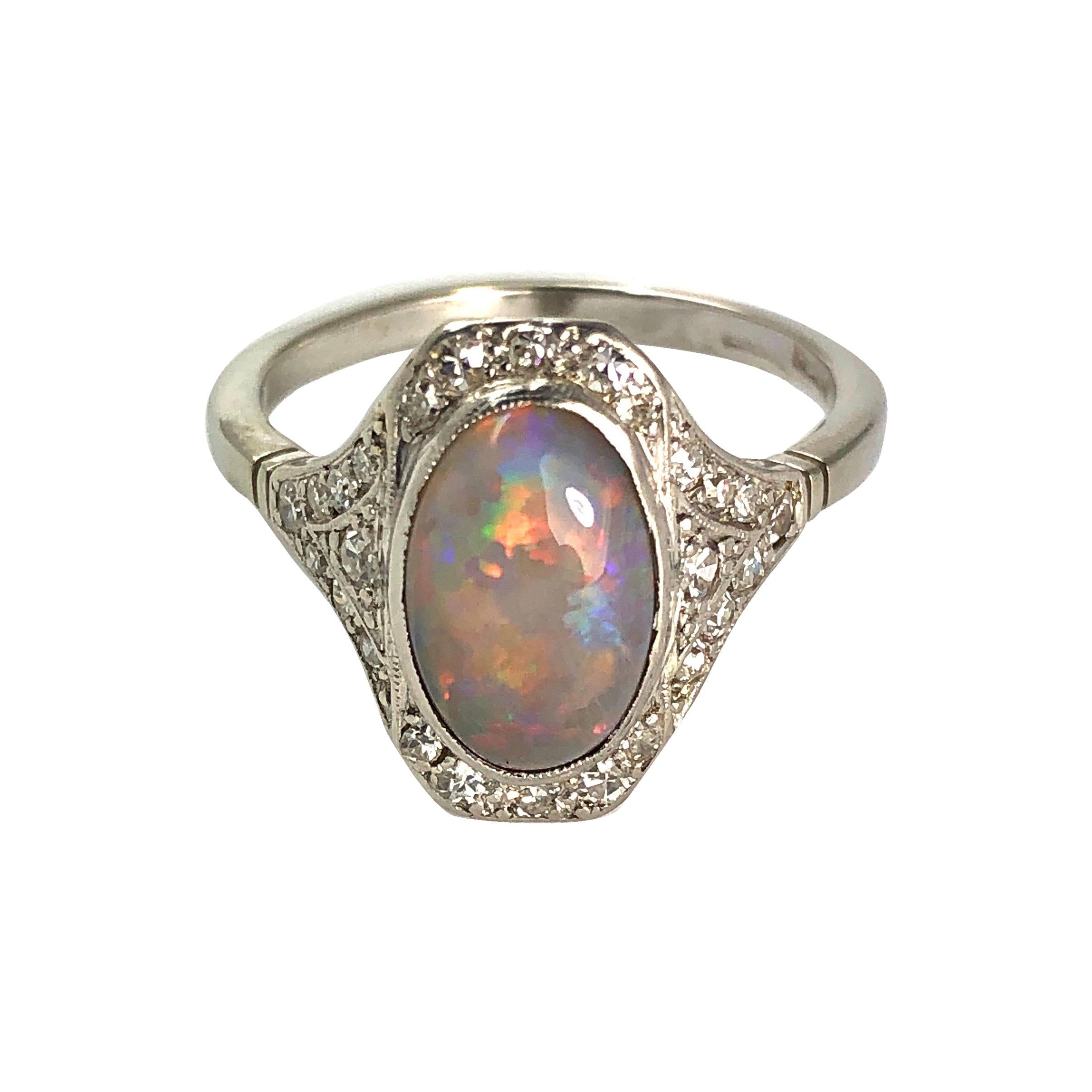 Art Deco Opal and Diamond 18 Carat White Gold and Platinum Ring