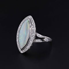 Art Deco Opal and Diamond Ring of Platinum