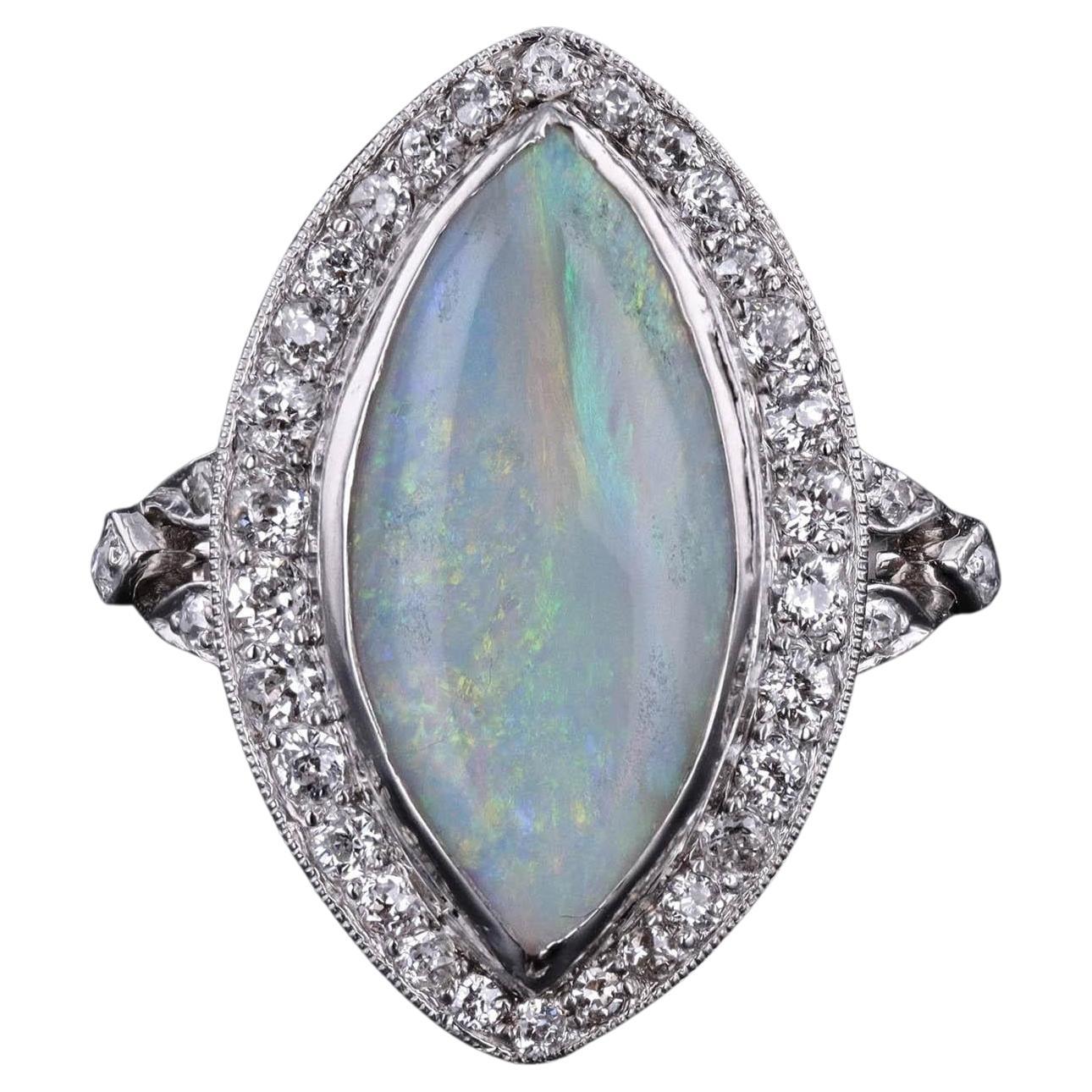 Art Deco Opal and Diamond Ring of Platinum