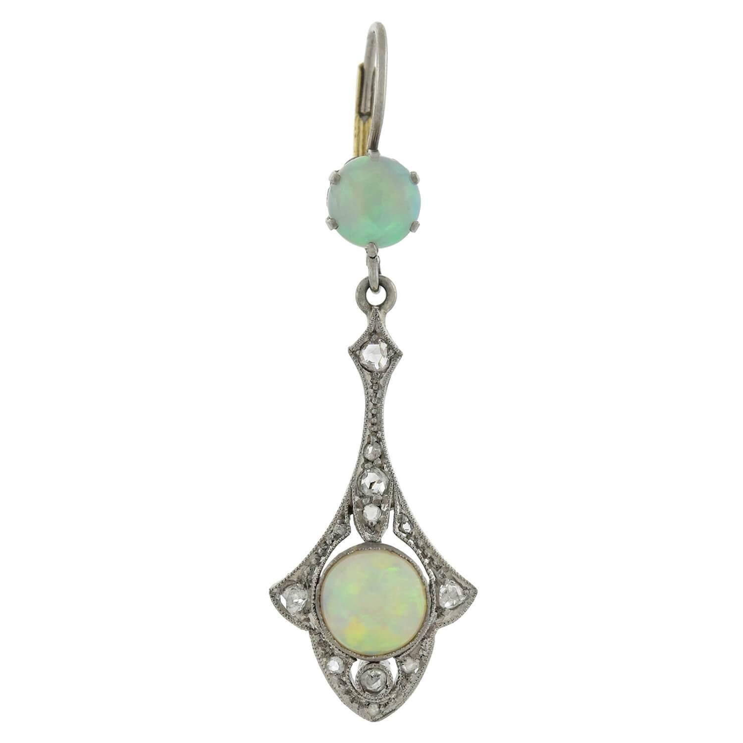 Art Deco Opal and Rose Cut Diamond Dangle Earrings In Good Condition In Narberth, PA