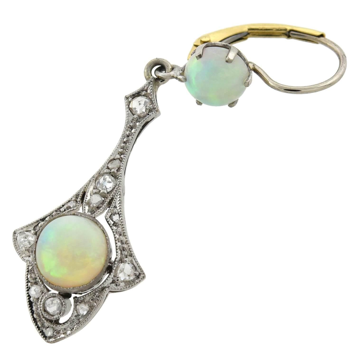 Women's Art Deco Opal and Rose Cut Diamond Dangle Earrings