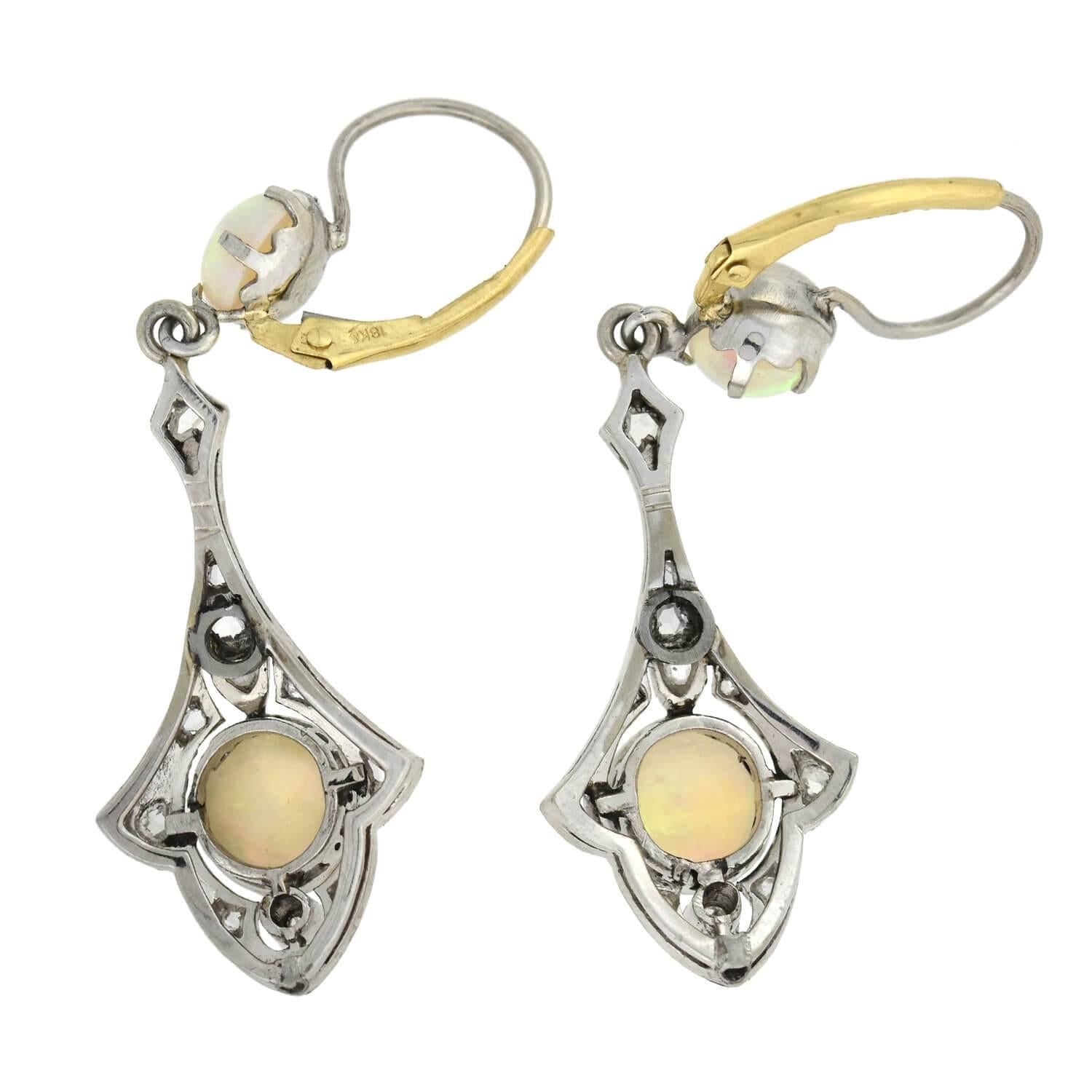 Art Deco Opal and Rose Cut Diamond Dangle Earrings 2