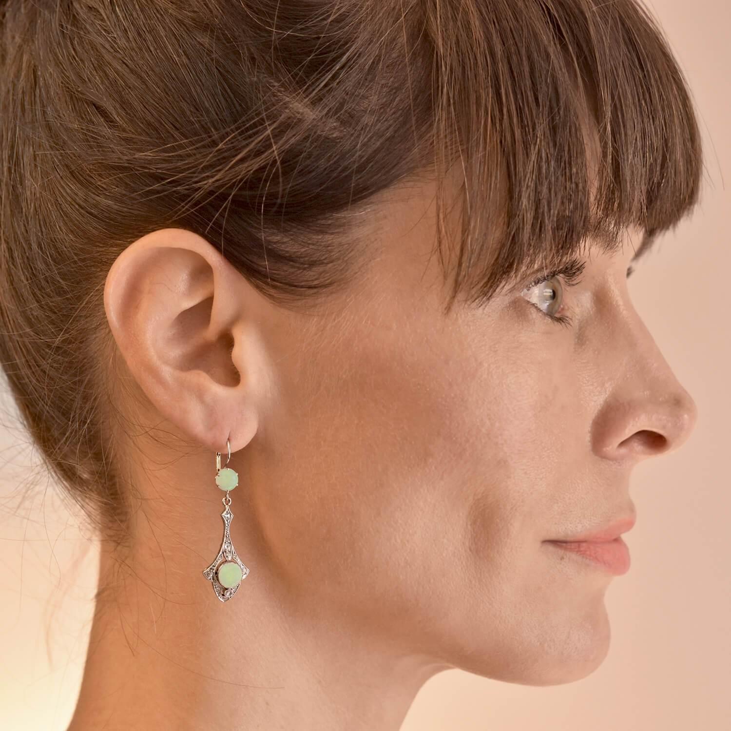 Art Deco Opal and Rose Cut Diamond Dangle Earrings 3