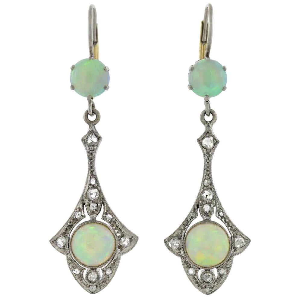Art Deco Opal and Rose Cut Diamond Dangle Earrings