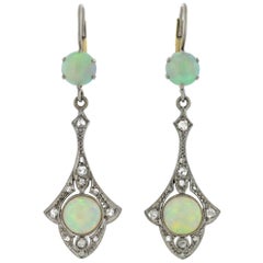 Antique Art Deco Opal and Rose Cut Diamond Dangle Earrings