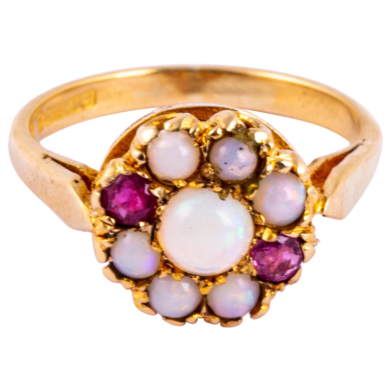 Art Deco Opal and Ruby 9 Carat Gold Cluster Ring