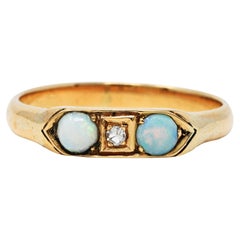 Vintage Art Deco Opal Diamond 10 Karat Gold Band Ring