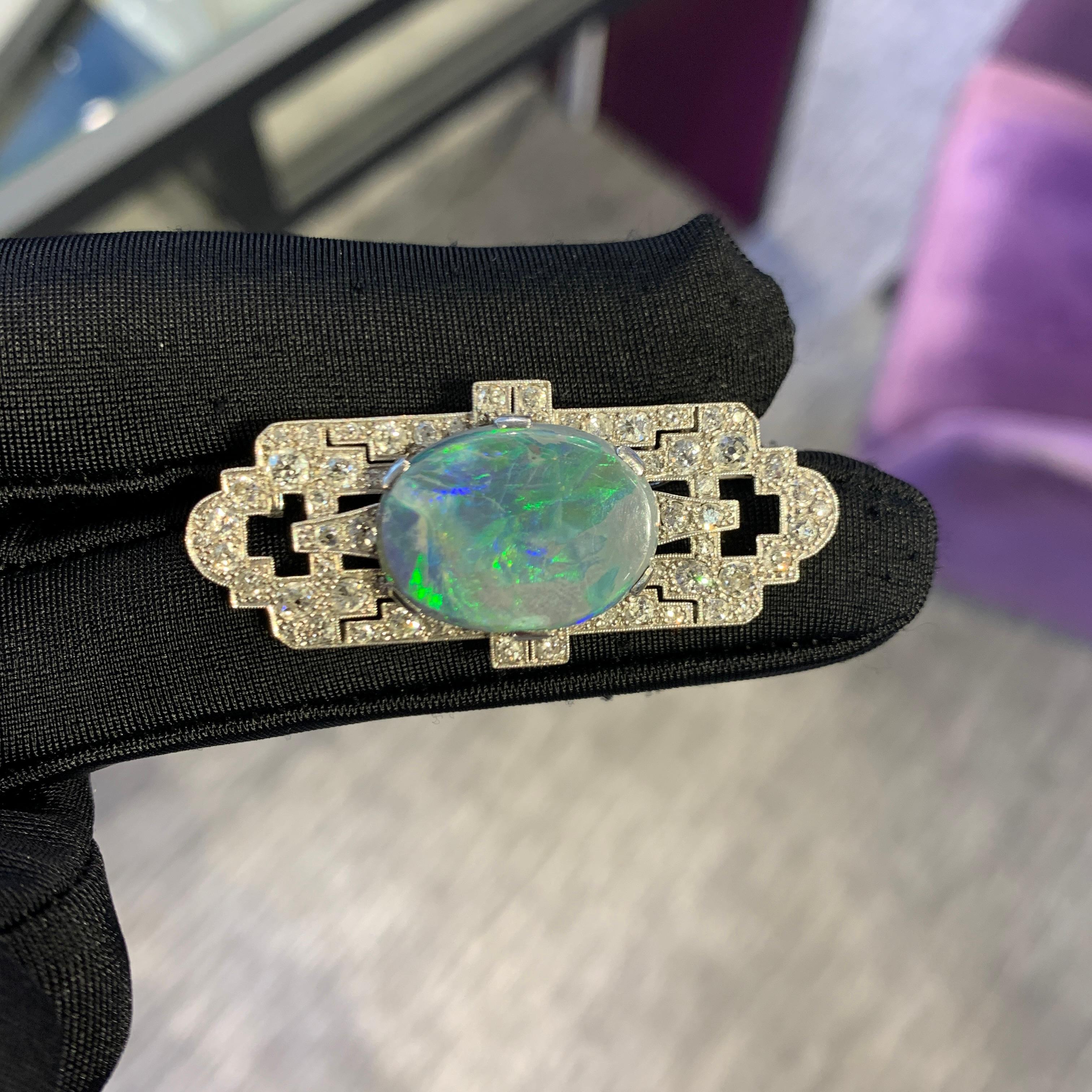 Round Cut Art Deco Opal & Diamond Brooch For Sale