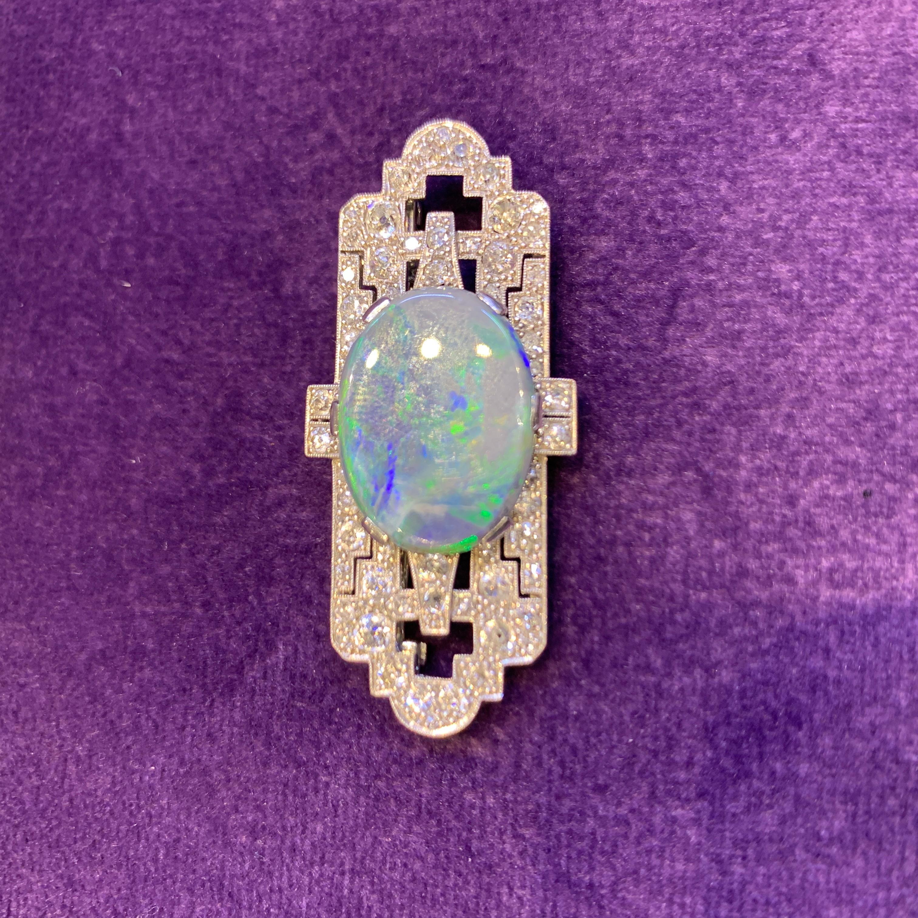Art Deco Opal & Diamond Brooch In Excellent Condition For Sale In New York, NY