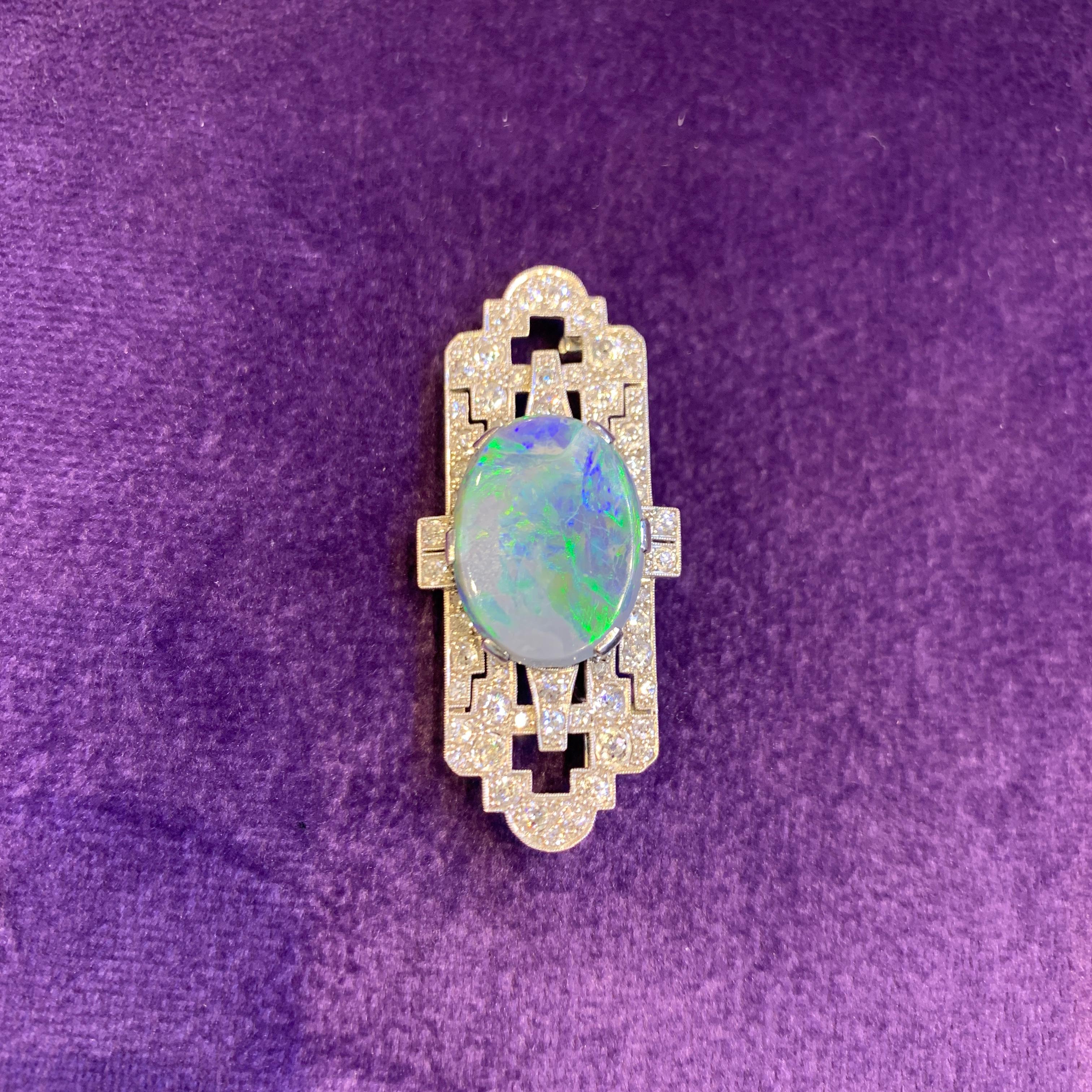 Women's or Men's Art Deco Opal & Diamond Brooch For Sale
