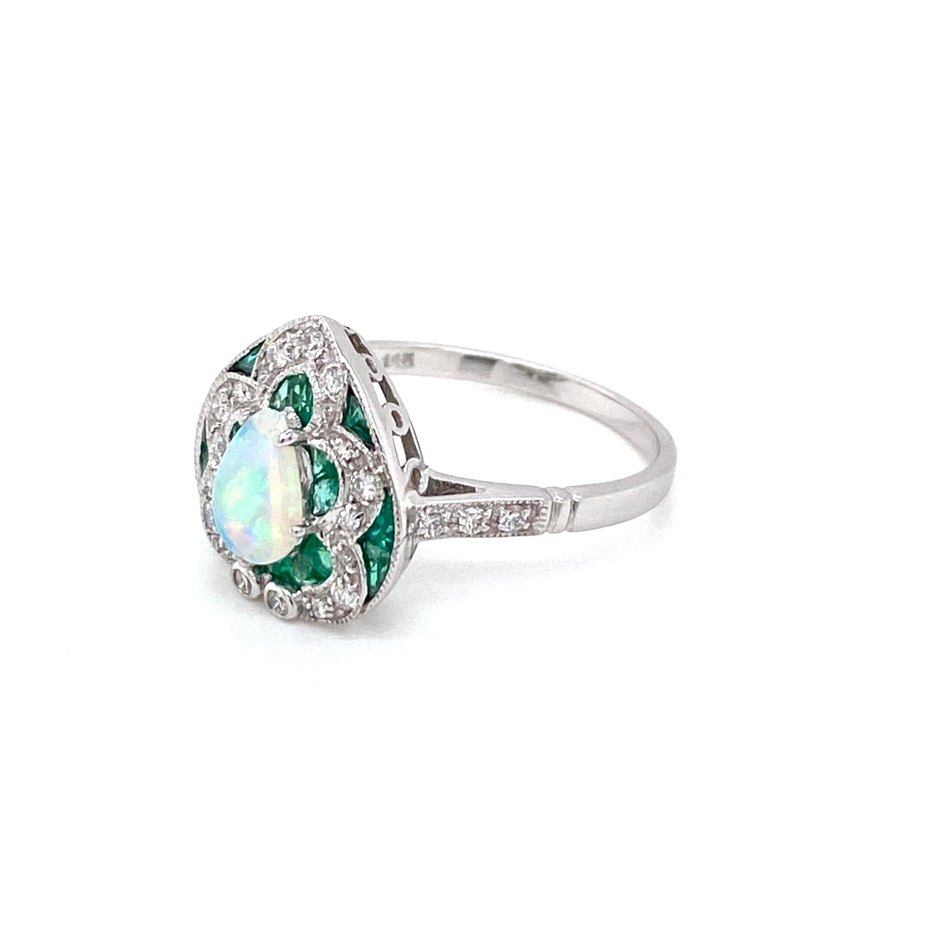 Art Deco Style Opal Diamond Emerald Cocktail Ring Estate Fine Jewelry 5