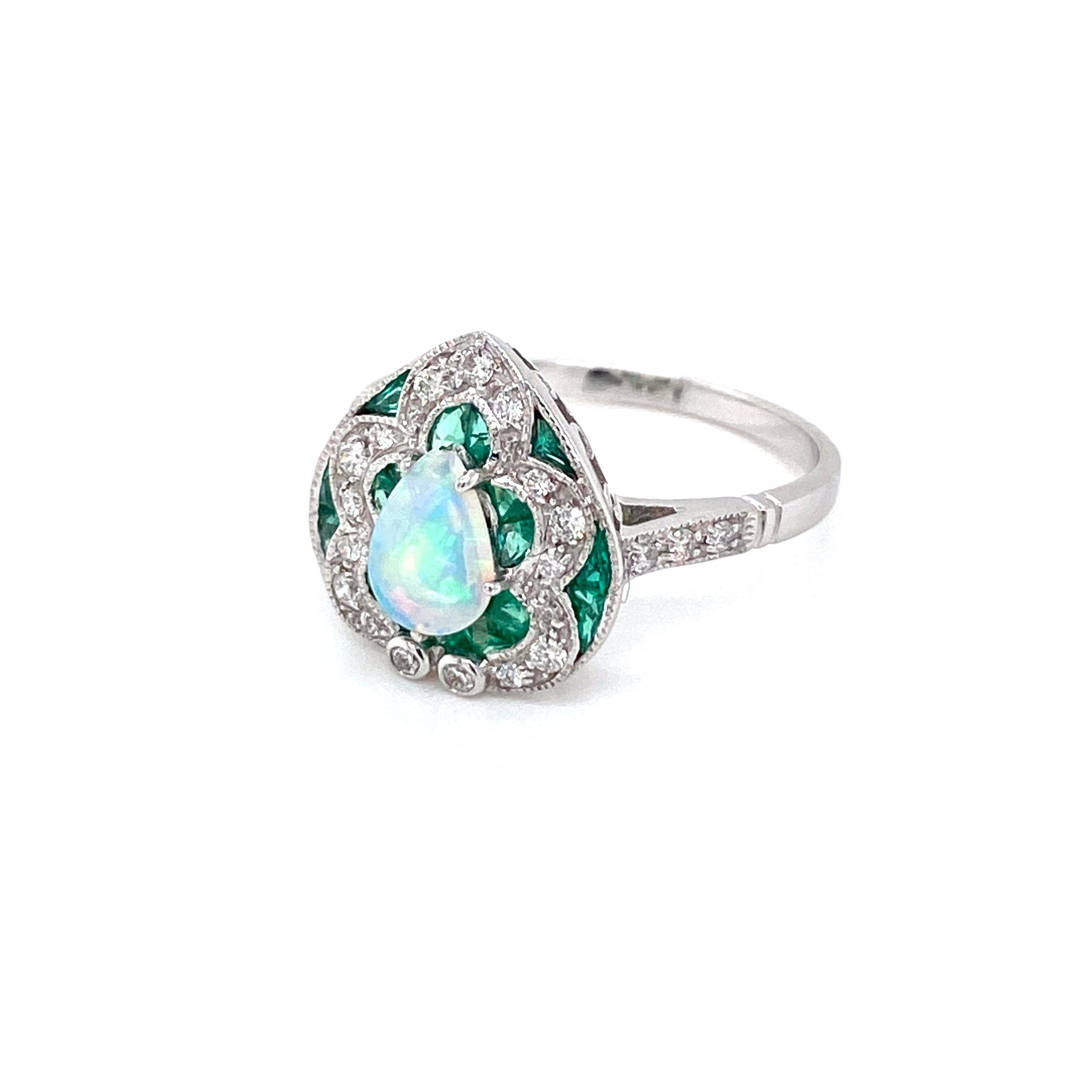 Art Deco Style Opal Diamond Emerald Cocktail Ring Estate Fine Jewelry 6