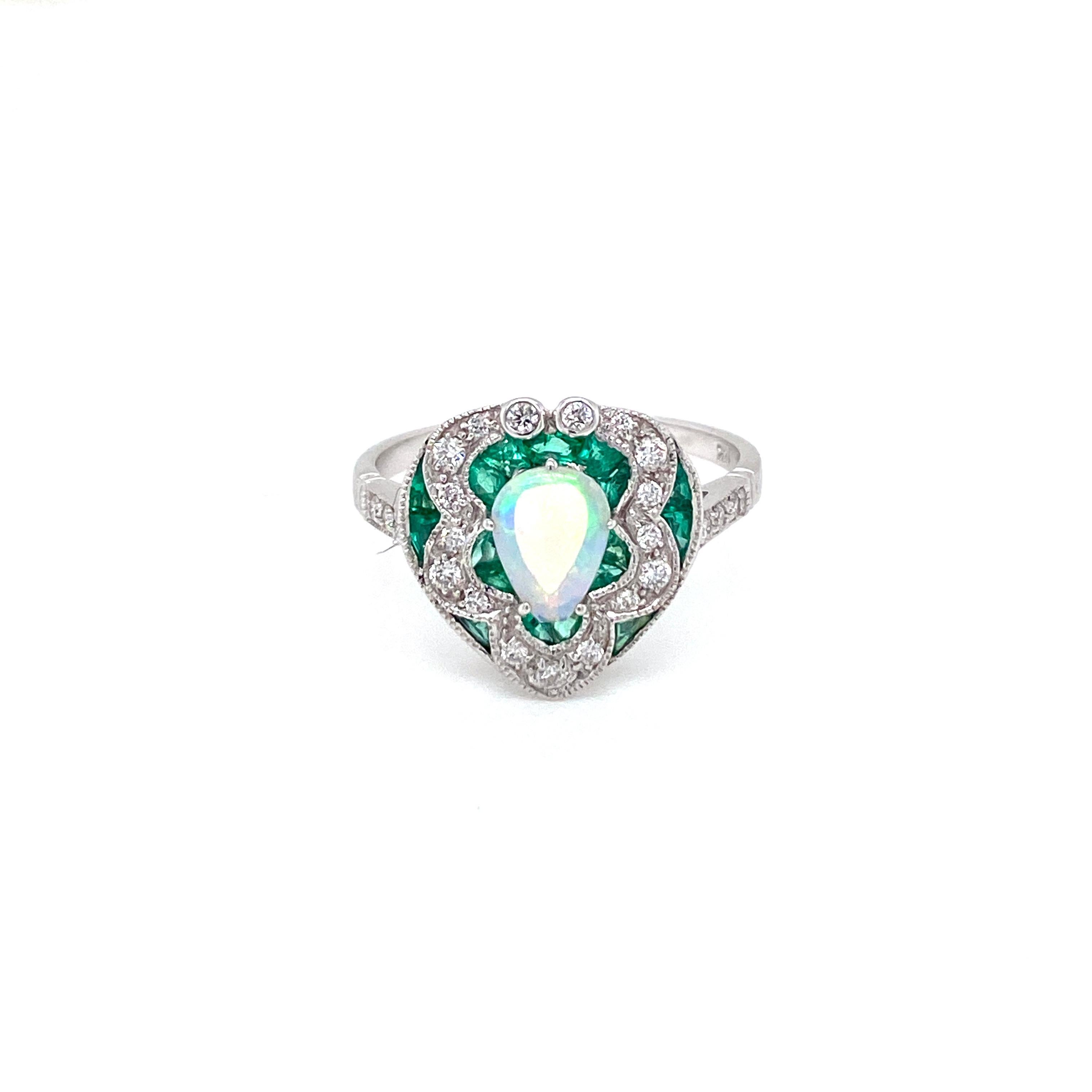Art Deco Style Opal Diamond Emerald Cocktail Ring Estate Fine Jewelry 7