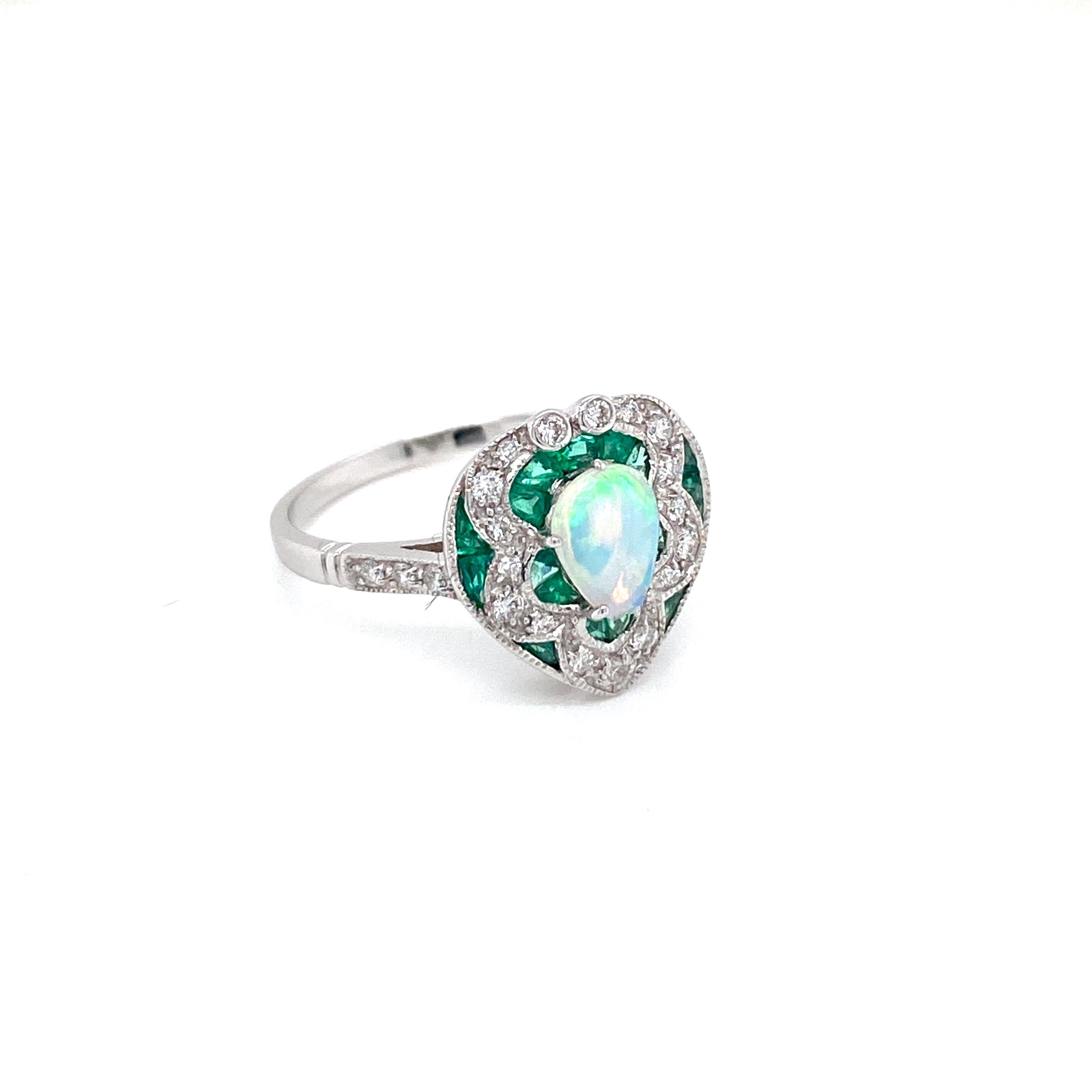 Art Deco Style Opal Diamond Emerald Cocktail Ring Estate Fine Jewelry 8