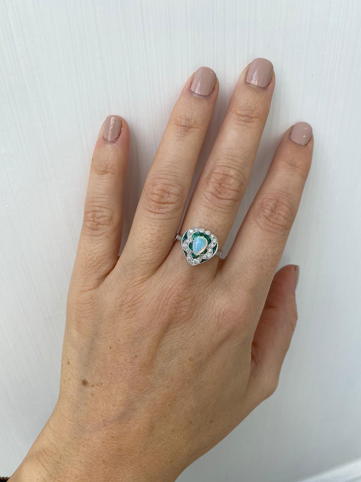 Art Deco Style Opal Diamond Emerald Cocktail Ring Estate Fine Jewelry 9